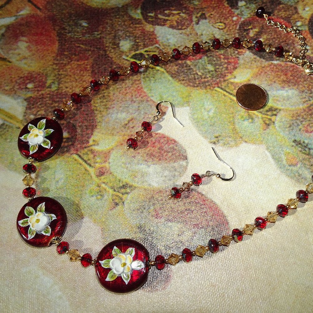 Handmade artisanal necklace & earring set with a trio of red Murano focal beads